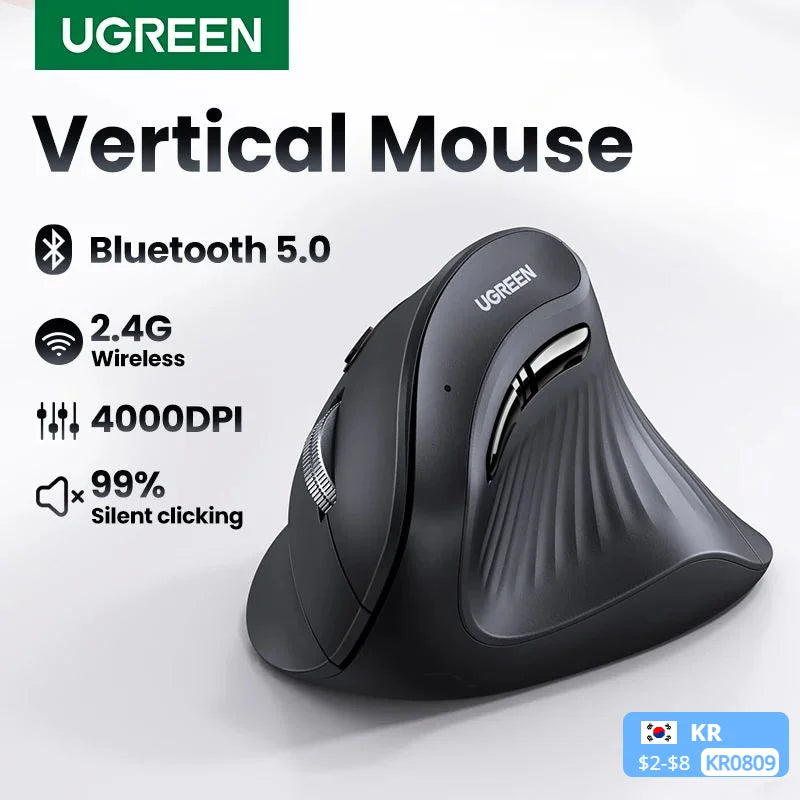 UGREEN Vertical Mouse Wireless Bluetooth5.0 2.4G Ergonomic 4000DPI 6 Mute Buttons for MacBook Tablet Laptops Computer PC Mice