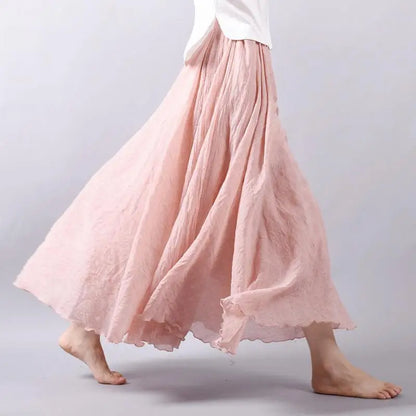 Women's Elegant High Waist Linen Maxi Skirt 2023 Summer Ladies Casual Elastic Waist 2 Layers Skirts saia feminina 20 Colors SK53