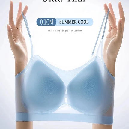 Ultra Thin Ice Silk Seamless Underwear Women Plus Size Sexy Top Soft Breathable Wireless Solid Lingerie Gathered Padded Bra