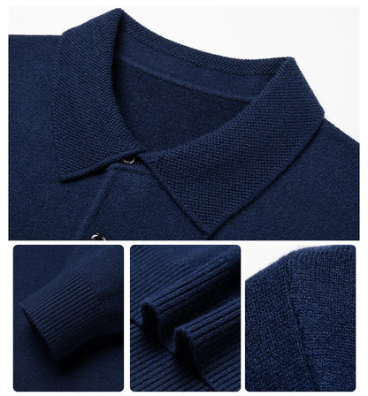 Autumn and Winter New Warm Soft Pullover Men's Business Lapel Knitwear Casual Solid Color Long Sleeve Polo Shirt Office
