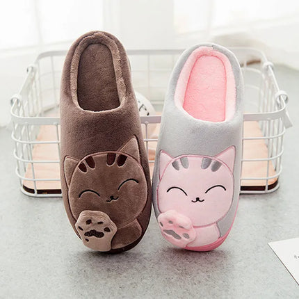 Women Home Slippers Winter Cartoon Cat Slippers Anti Slip Soft Warm Plush Indoor House Slippers Bedroom Couples Floor Shoes