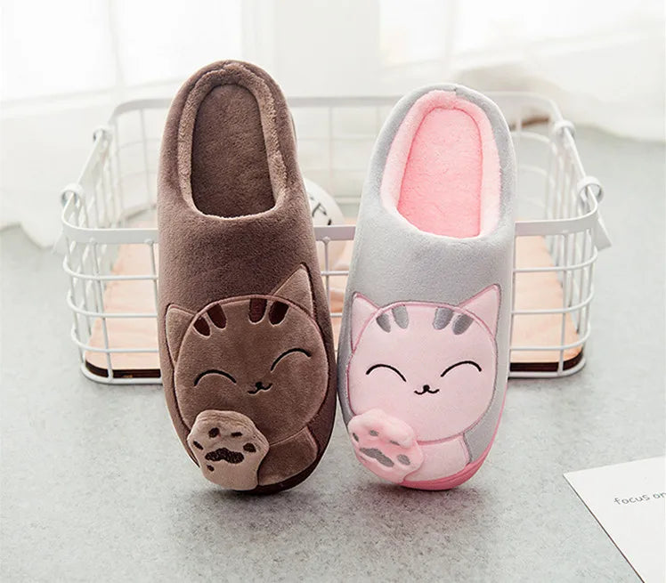 Women Home Slippers Winter Cartoon Cat Slippers Anti Slip Soft Warm Plush Indoor House Slippers Bedroom Couples Floor Shoes