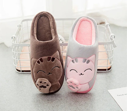 Women Home Slippers Winter Cartoon Cat Slippers Anti Slip Soft Warm Plush Indoor House Slippers Bedroom Couples Floor Shoes