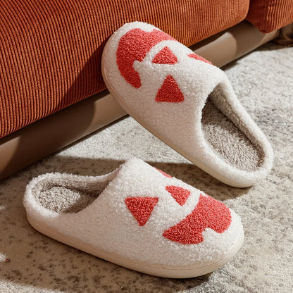 Women Slippers Halloween Pumpkin Smiling Face Funny Winter Warm Indoor Light Soft Sole Non-slip Bedroom Comfy Flat Cotton Shoes