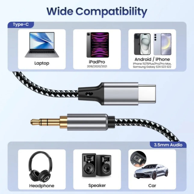 USB Type C to 3.5mm Aux Audio Cable Headset Speaker Headphone Jack Adapter Car Aux for Samsung iPhone15 Xiaomi HUAWEI Aux Cable