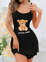 Womens Cute Little Bear Print Cami Nightgown Spaghetti Strap Sleep Dress Mini Lettuce Hem Contrast Trim Loungewear Y2K Style