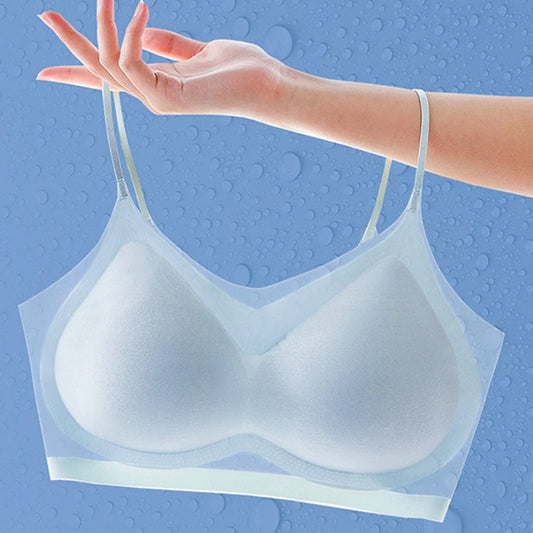 Ultra-thin Ice Silk Padded Bra Seamless Underwear Women's Thin Section  Sling Beautiful Back Vest Tops Big Chest Small Sleep Bra