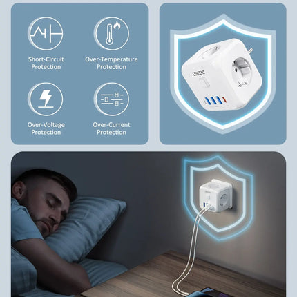 LENCENT Wall Socket Extender with 3 AC Outlets 3 USB Ports And1 Type C 7-in-1 EU Plug Charger On/Off Switch for Home