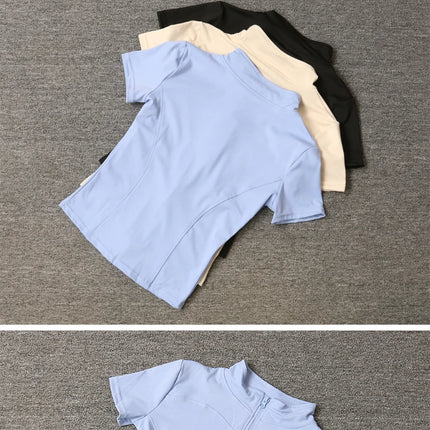 Summer High Quality Waist Slimming Training Tops Women's Quick-drying Tight Stand Collar Full Zipper Short Sleeves Yoga shirts