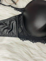 Pu leather fabric women's underwear with underwire pull-up thin mold cup sexy bra