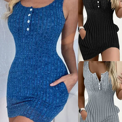 Button Front With Pocket Tank Dress  Elegant Sleeveless Bodycon Dress For Spring  Summer  Women's Clothing