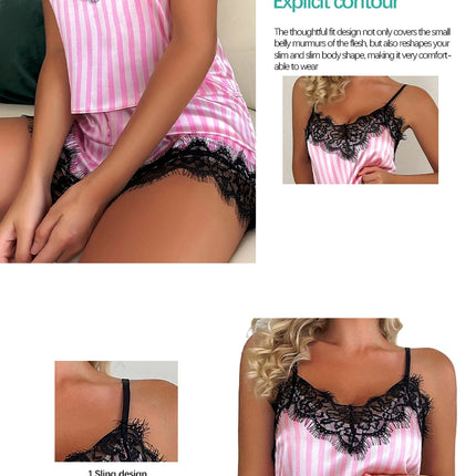 Two Piece Women's V-Neck Sexy Lace Suspender Pajama Shorts Set Casual Women's Sleeveless Sexy Pajama Set