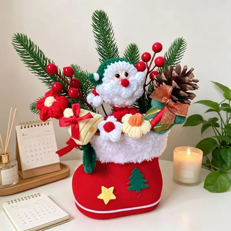 Santa Claus Plush Doll With Crochet Flowers Creative Christmas Day Handmade Bouquets Home Table Decora Pefect Gifts For Friends