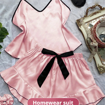 Women's Smooth Satin Pajamas V-Neck T-Shirt Ruffled Edges And Bow Shorts Simple And Breathable Pajama Set Sling Home Clothing