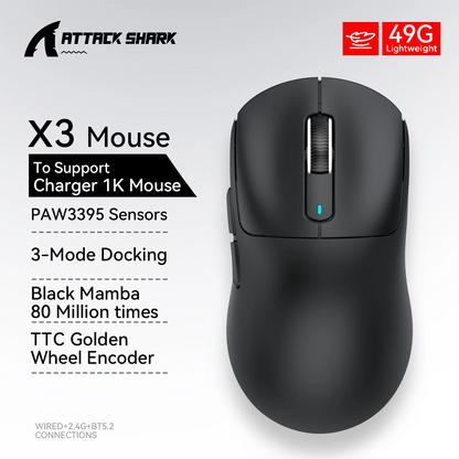 X3 PixArt PAW3395 Mouse 2.4G Bluetooth Tri-Mode Connection, 26000dpi, 650IPS, 49g Lightweight Macro Gaming Mouse