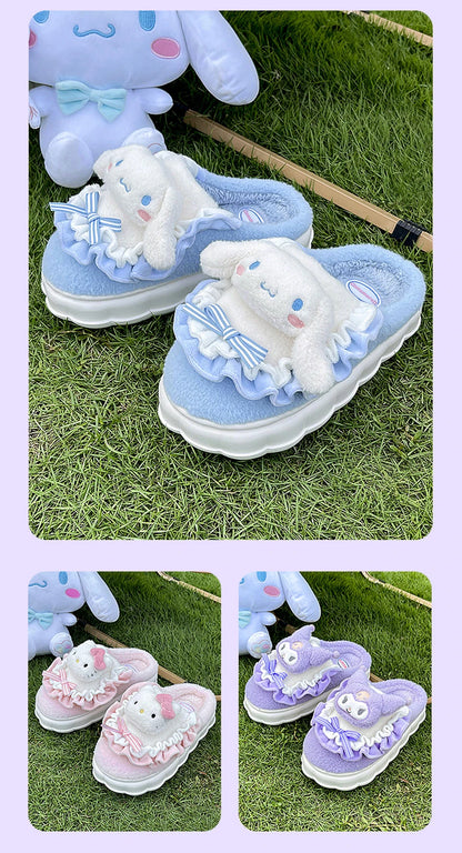 Sanrio Kawaii Cinnamoroll Womens Slippers Kuromi Hello Kitty Plush Cartoon Cute Sweet Suitable Indoor Outdoor Winter Shoes