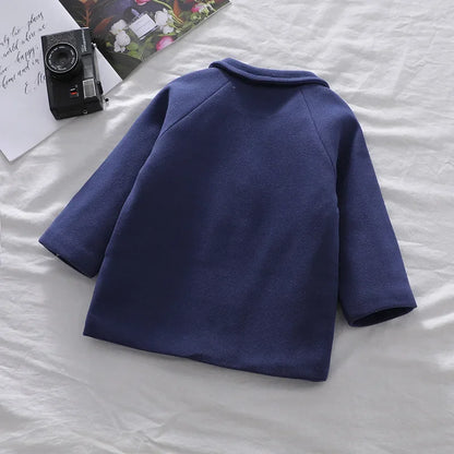 Autumn Winter Boys Fashion Jacket Solid Color Lapel Double-Breasted Long Woollen Overcoat For 2-6 Years Boys Handsome Outwear
