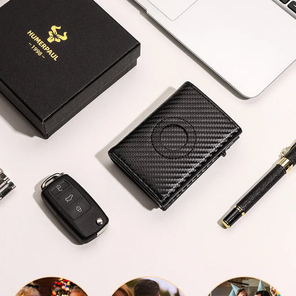 Men Smart Wallet Credit Card Holder for AirTag Carbon Fiber Aluminum Automatic Pop Out Cardholder Case with Money Clip