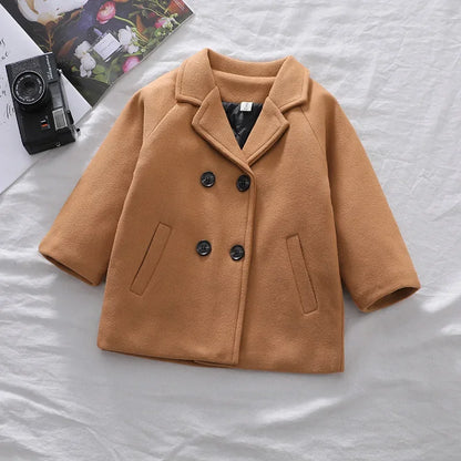 Autumn Winter Boys Fashion Jacket Solid Color Lapel Double-Breasted Long Woollen Overcoat For 2-6 Years Boys Handsome Outwear