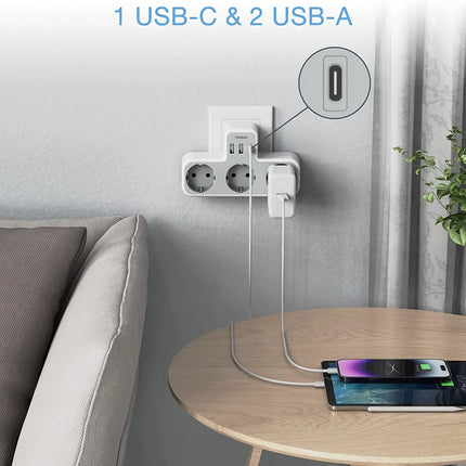 TESSAN EU Plug Power Strip with 3 AC Outlets +3 USB Ports, 6 In 1 Wall Charger Power Socket Adapter Overload Protection for Home