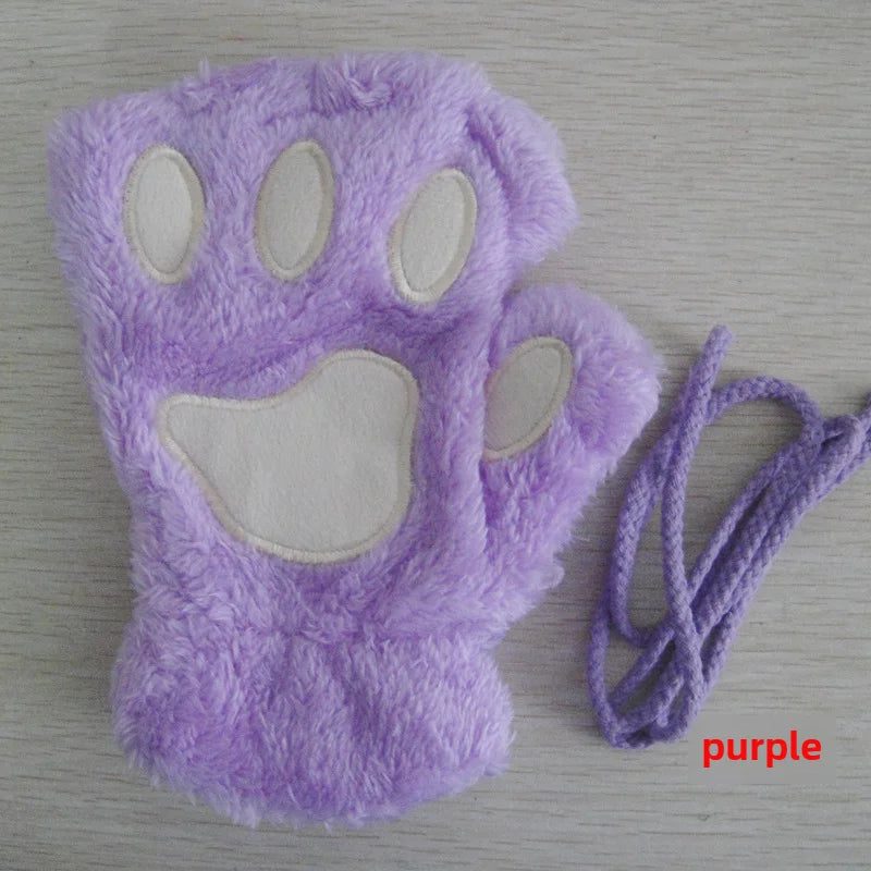Cat Claw Gloves Winter Cute Cartoon Cat Girls Fingerless Gloves Thickened Velvet Bear Paw Half Finger Gloves