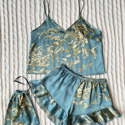 Elegant Floral Print Cami Tops   Ruffle Hem Shorts Pajama Set  Women's Sleepwear   Loungewear