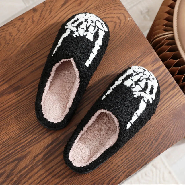 Skull Finger Pattern Skull Embroider Plush Home Thick-Soled Comfortable Woolen Cotton Slippers Rock Finger Warm Non-Slip Indoor Slippers for Men and Women Halloween Gifts
