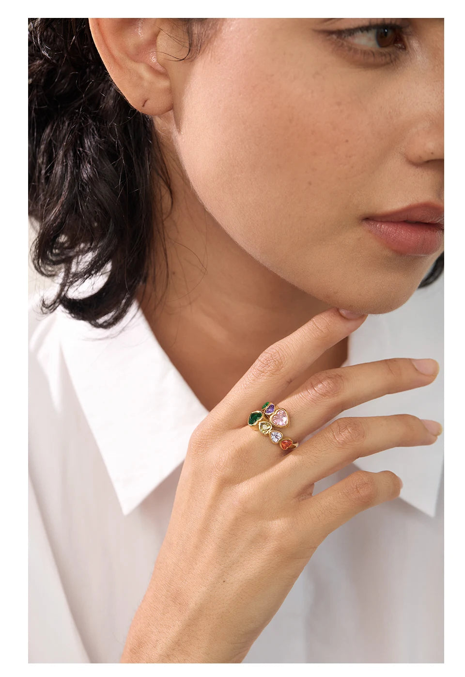 Yhpup Delicate Cubic Zirconia Heart Stainless Steel Gold Color Adjustable Fashion Open Ring High Quality Chic Charm Jewelry