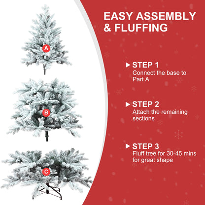 5FT/7FT Artificial Christmas Tree Holiday Decoration Flocked Xmas Tree with Sturdy Metal Stand Auto-Spread/Close up