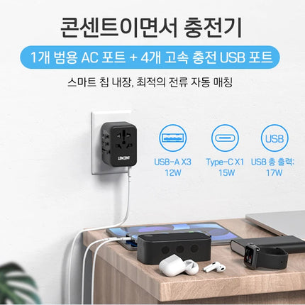 LENCENT Universal Travel Adapter with 3 USB Ports 1Type-C PD Charging All-in-one Travel Adapter EU/UK/USA/AUS Plug for Travel