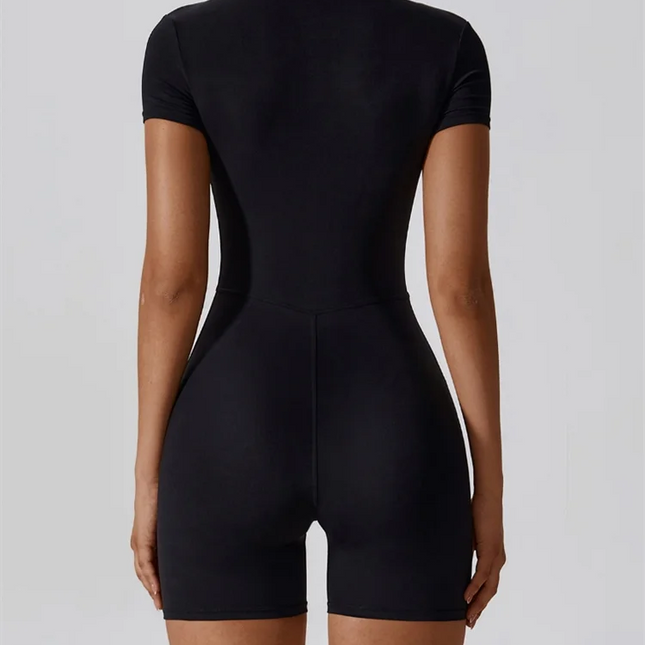 European and American nude one-piece yoga suit with stand up collar, half zipper, short sleeved fitness jumpsuit, tight fitting