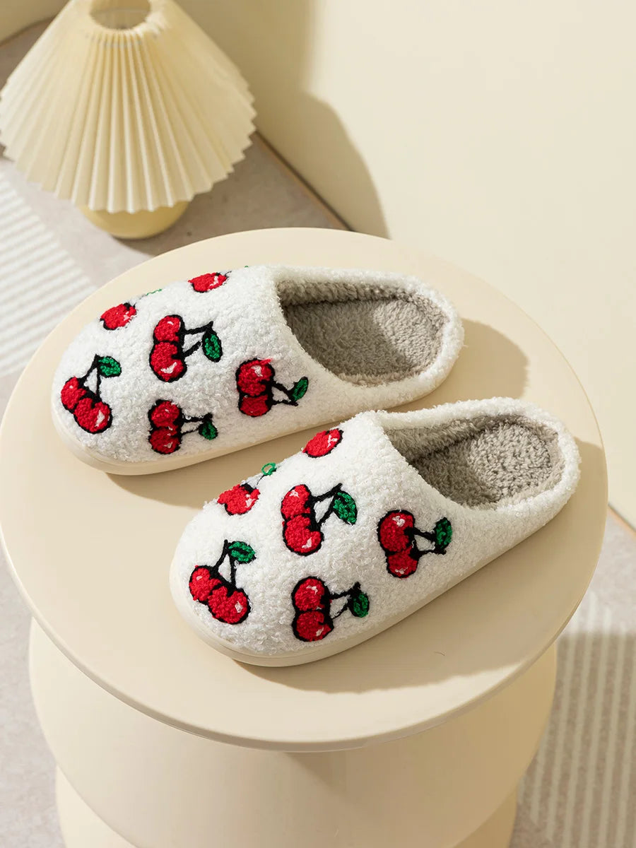 Cute Little Cherry Slippers Women Fluffy Cherries Fur Plush House Shoes Female Bedroom Comfy Home Flat Slip-on Slides New