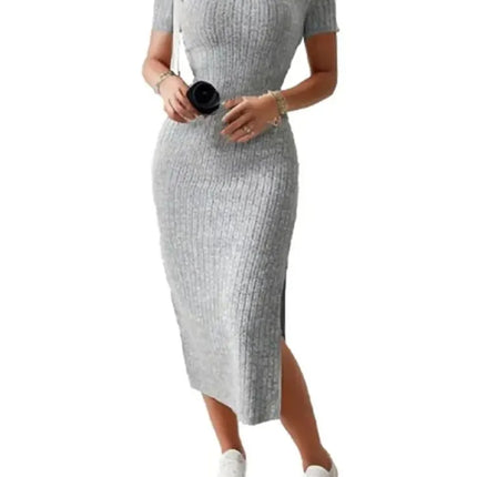 Summer Square Neck, Hip-Hugging Mid-Length Skirt, Short-Sleeved, Versatile Knitted Slit Dress