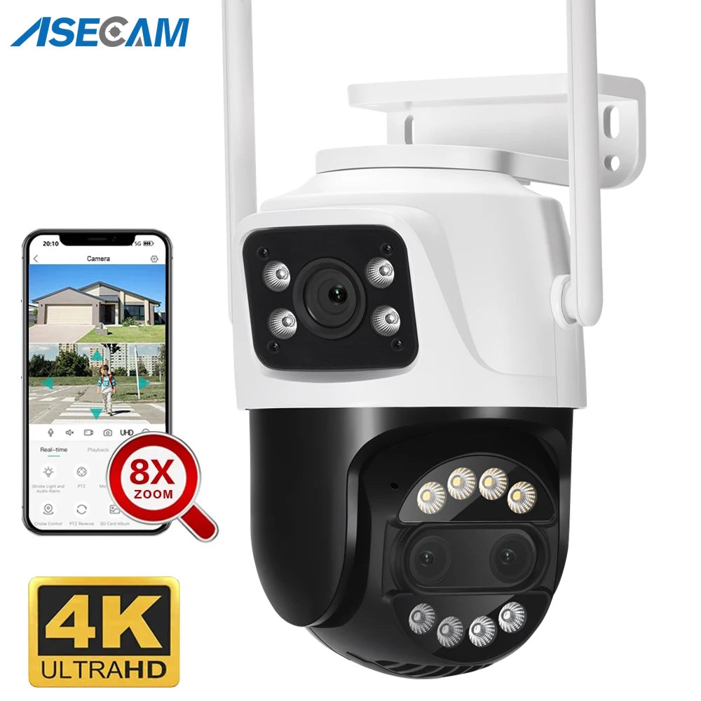ASECAM 12MP 6K Wifi Camera 8X Zoom Dual Screen Ai Human Detect Auto Tracking CCTV Outdoor Security Surveillance Camera iCSee