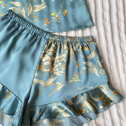 Elegant Floral Print Cami Tops   Ruffle Hem Shorts Pajama Set  Women's Sleepwear   Loungewear