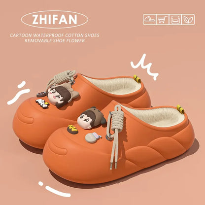 Winter Cute Cloud Cotton Slippers Women Cartoon Characters Indoor Home and Outdoor Garden  Casual Toe Wrap Non Slip Heel Shoes