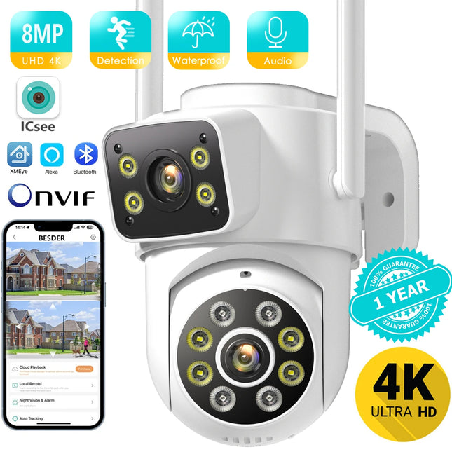 8MP WiFi Camera PTZ Dual Screens Auto Tracking Night Vision CCTV Surveillance Camera Outdoor 4MP Security IP Camera icsee