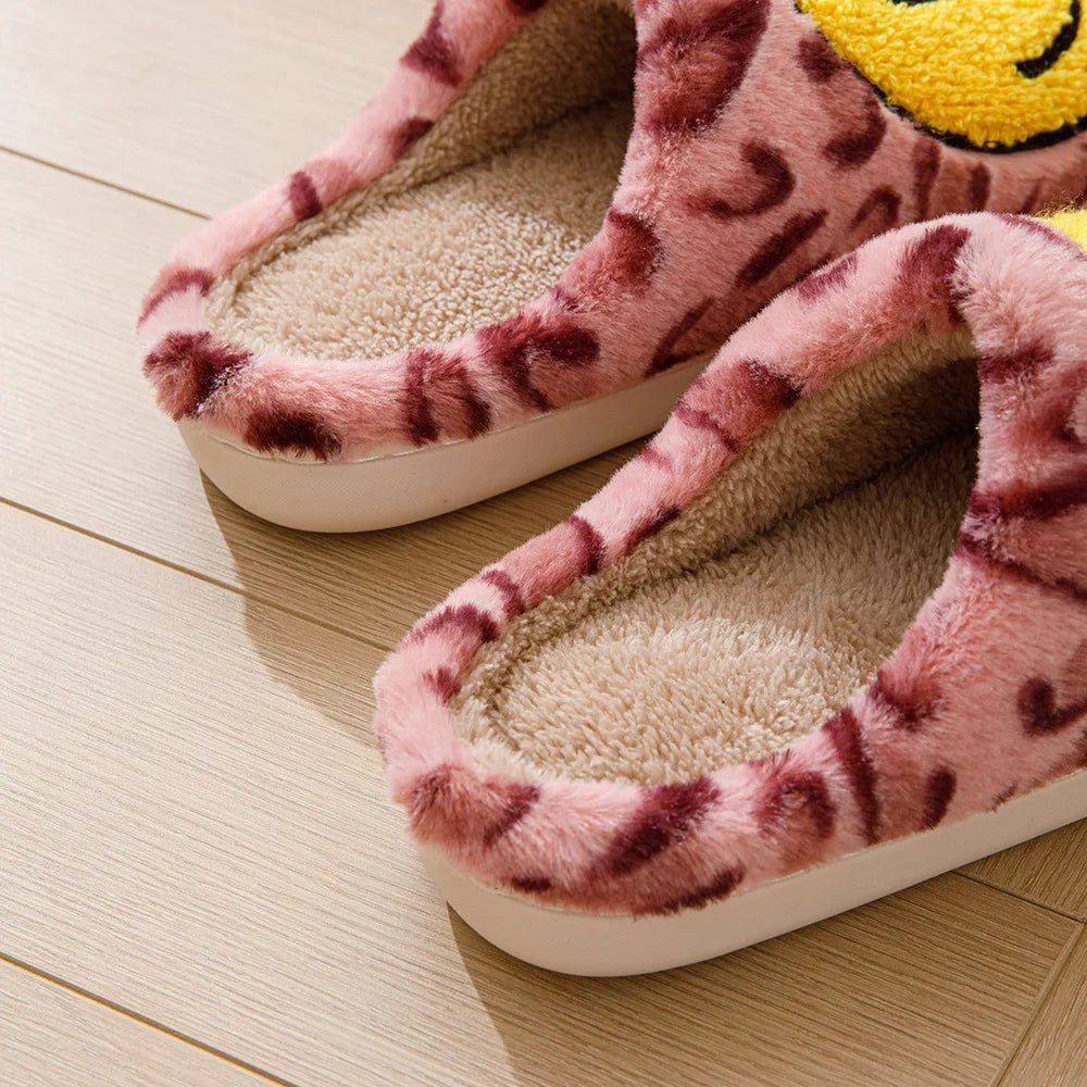 Leopard Fluffy Slippers for Home Smile Designer Platform Shoes Women 2024 Indoor Plush Sliders Warm Flats Chic Winter Footwear