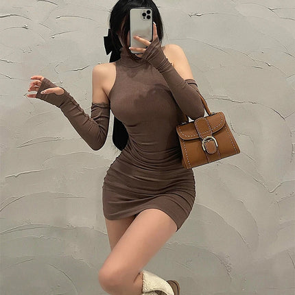 Summer Sexy High Neck Tight Dress Oversleeve Pleated Bottom Wrapped Hip Dress Women Bodycon