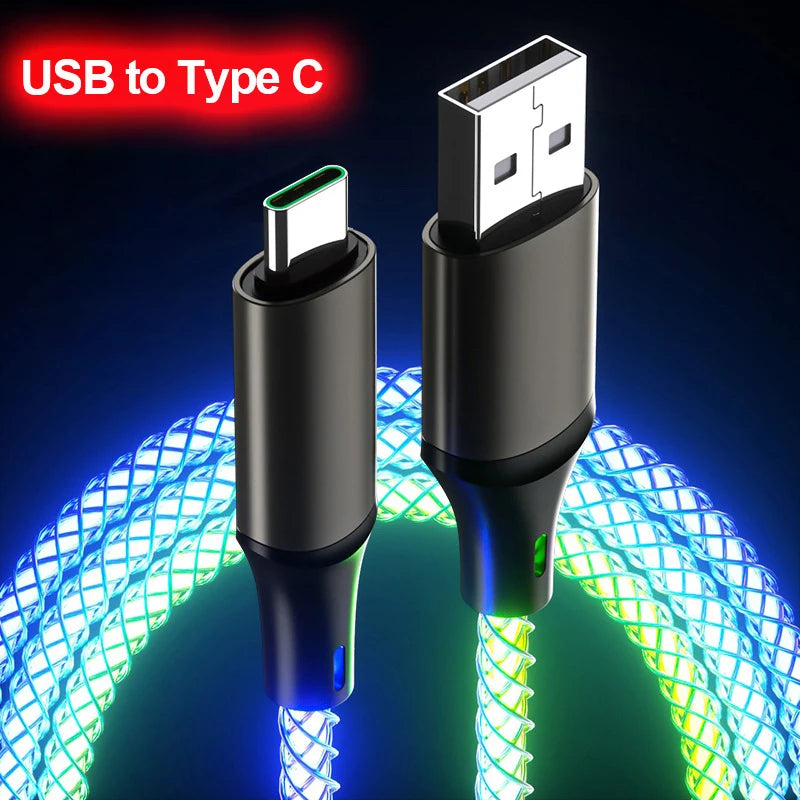 3 In 1 66W 6A RGB Color Light Micro USB Type C Cable Fast Charging Cable For Xiaomi Samsung Huawei For Iphone Car Charging Cord