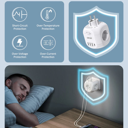 LENCENT EU Plug Wall Socket Extender with 4 AC Outlets+3 USB +1 Type C 5V/3A Charger Adapter 8-in-1 Socket On/Off Switch