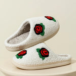 Women's Slippers Valentine's Day Rose Embroidery Fuzzy Romantic Love Comfy Flat Girl Valentine Gift Winter Home Shoes