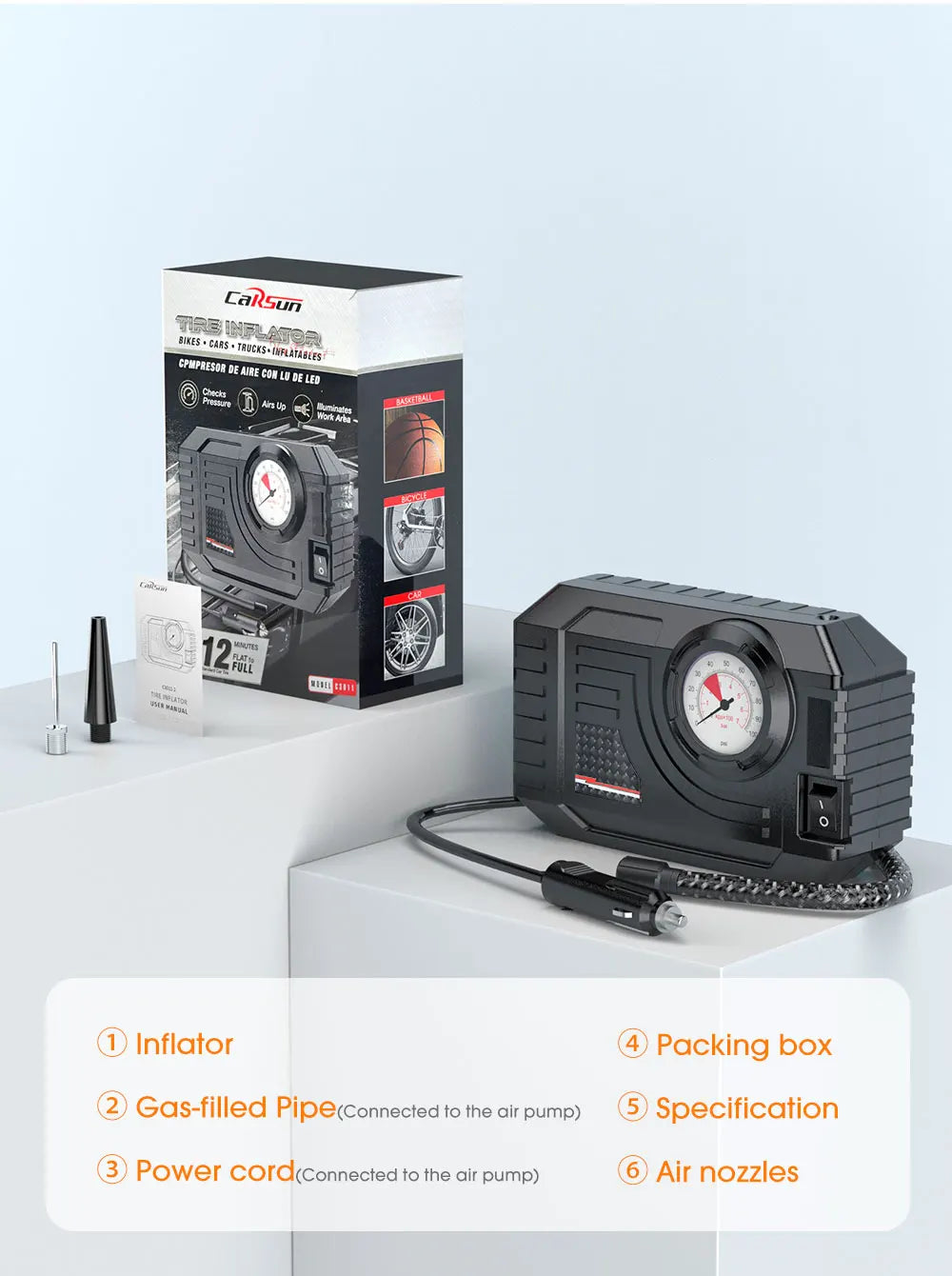 CARSUN Mini Air Pump Tire Inflator Car Electric Mini 20L/Min Portable Air Compressor For Car Motorcycles Bicycle Inflatable