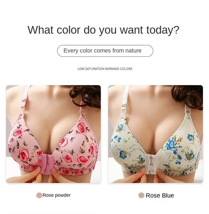 xgnvpy New front button rose print bra without underwire comfort women's push-up adjuster side breast bra cover