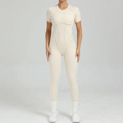Women's One-Piece Suit Zipper Short Sleeve Gym Push Up Workout Clothes Fitness Short Bodysuit Sportswear Jumpsuits