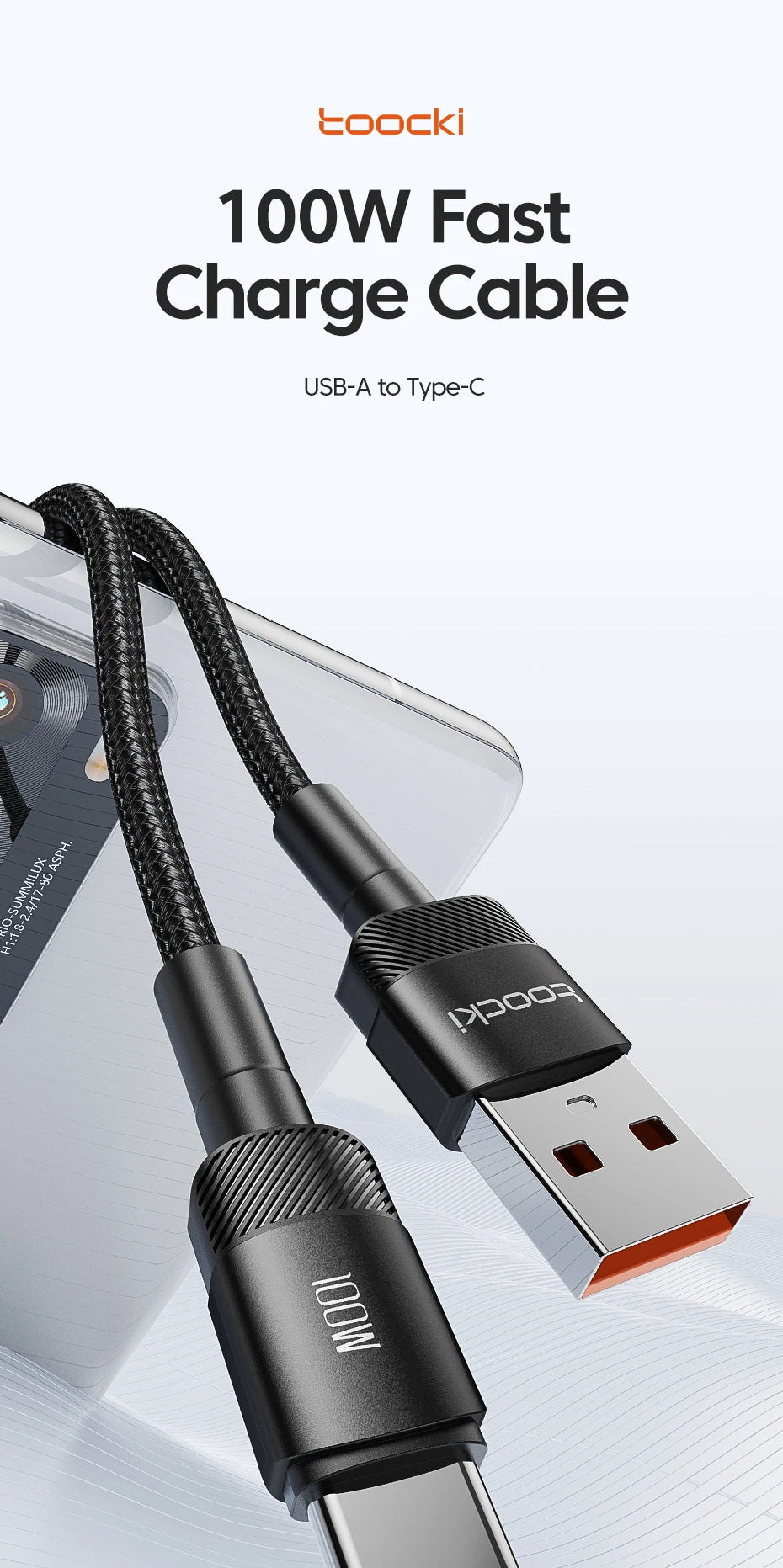 Toocki USB Type C Cable 100W Fast Charging 6A Type C Cable for Xiaomi Huawei P30 P40 Samsung POCO Realme Oneplus Data Wire