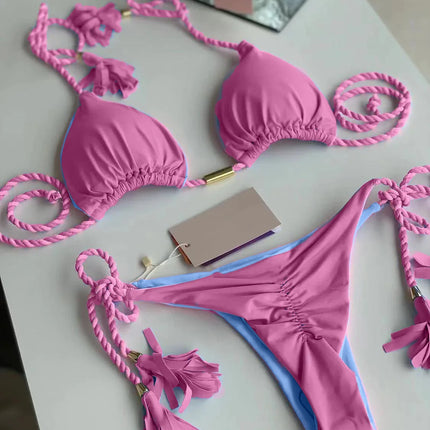 New Women Bikini Backless Rope Triangle Swimsuit Multicolor