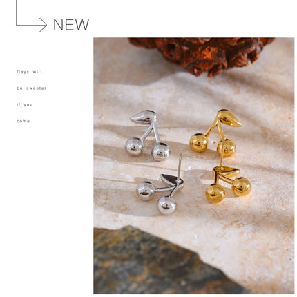 Yhpup 316L Stainless Steel Metal Chic Cherry Golden Stud Earrings Water Resistant Charm Fashion Jewelry 18K PVD Plated Wholesale