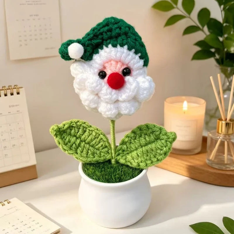 Santa Claus Plush Doll With Crochet Flowers Creative Christmas Day Handmade Bouquets Home Table Decora Pefect Gifts For Friends