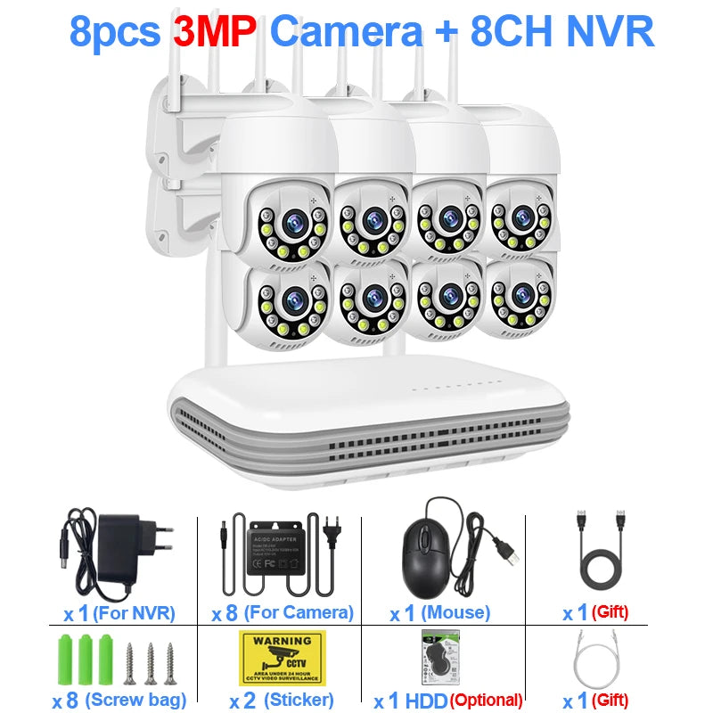Smar 3MP Wireless CCTV Security Camera System PTZ Wifi Camera Outdoor Surveillance Camera Kit  Alarm 8CH NVR WIFI Camera Set